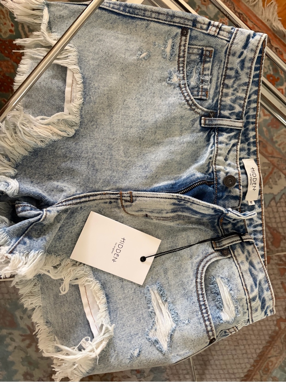 HIDDEN Light Wash Distressed Denim Shorts with Frayed Hem